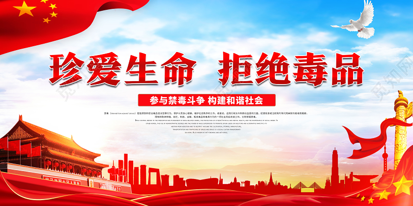 红色简约珍爱生命拒绝毒品国际禁毒日禁毒展板海报