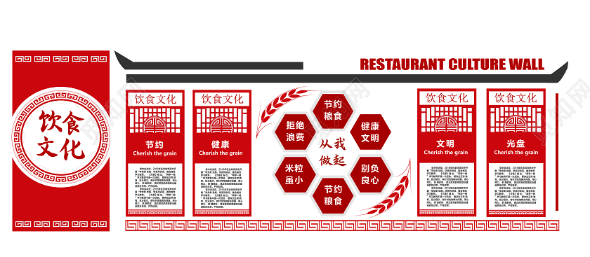 红色简单大方中国风饮食文化食堂餐饮餐厅文化墙宣传食堂文化墙