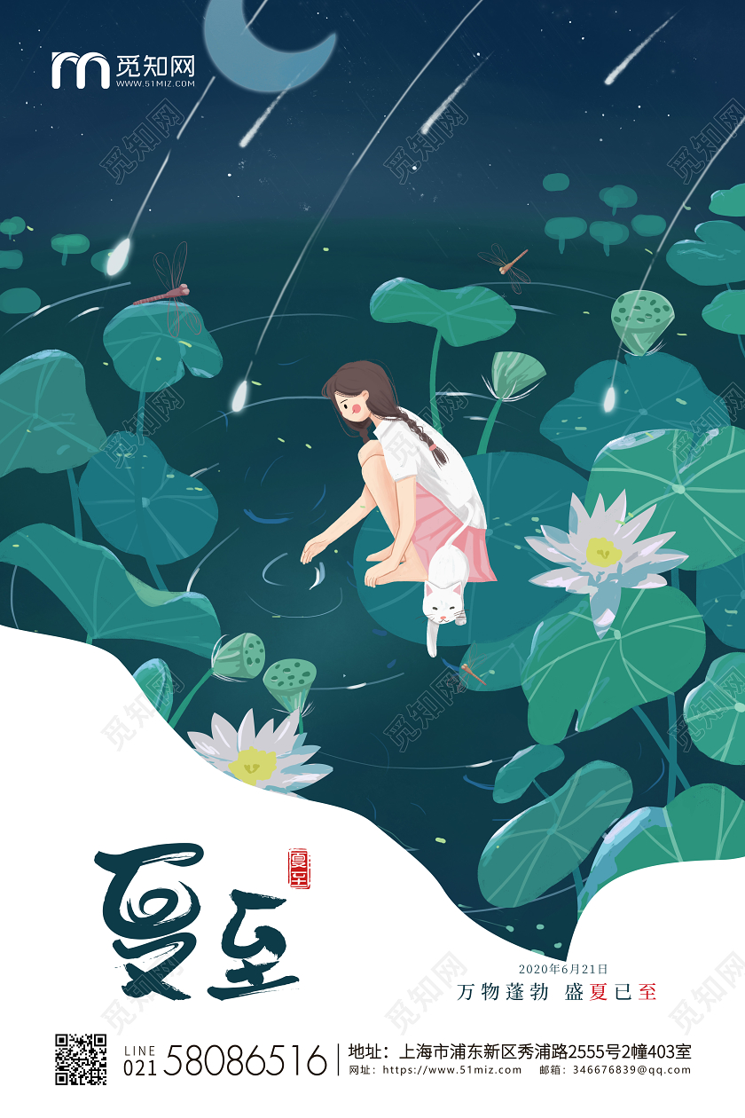 蓝色简约插画夏至节气二十四节气企业宣传海报