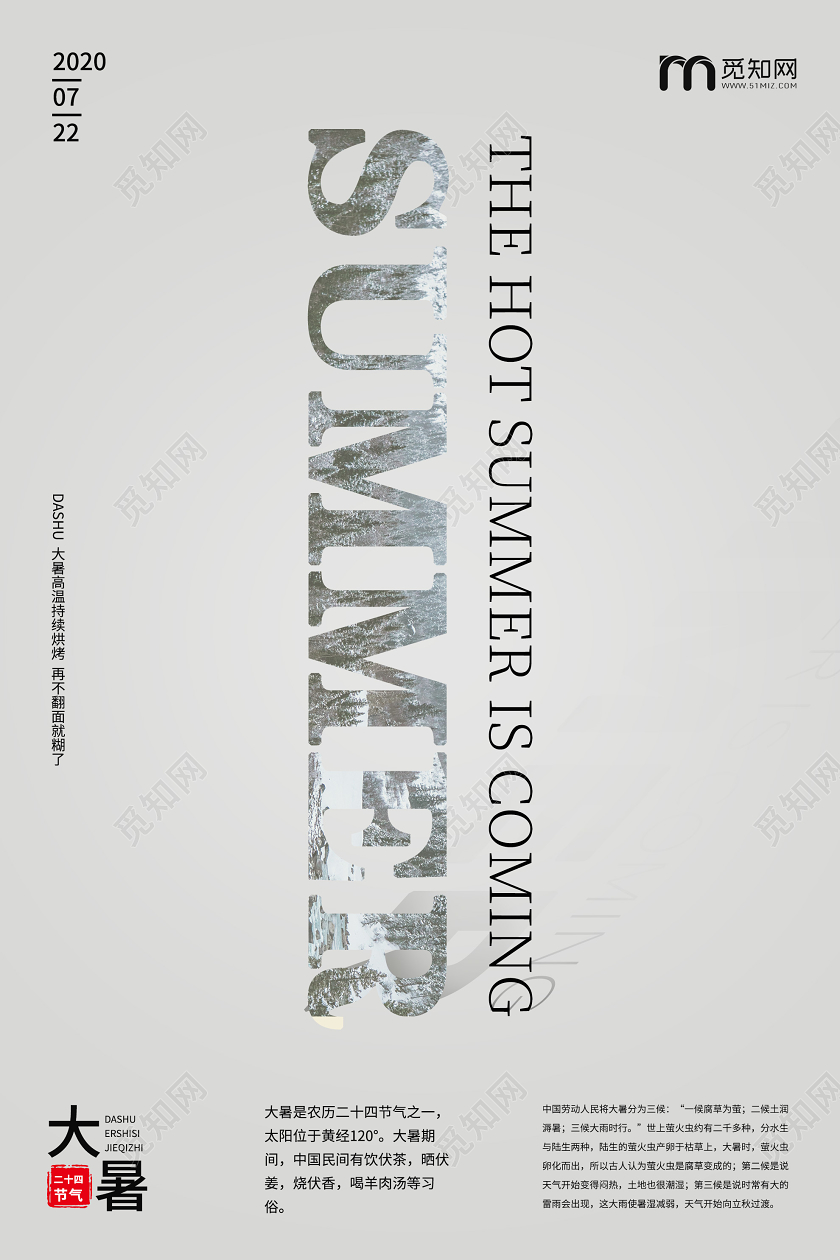 灰色简约SUMMER大暑24二十四节气海报二十四节气大暑海报