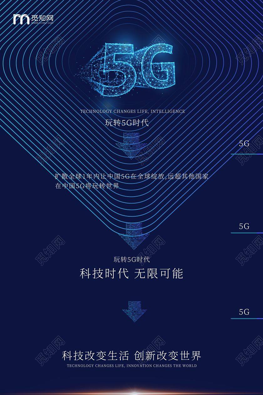深蓝色简洁创意科技感5G玩转5G时代海报设计智能化