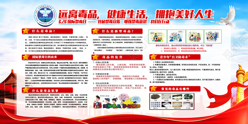红色禁毒知识进校园远离毒品健康生活禁毒展板党建党政党课海报