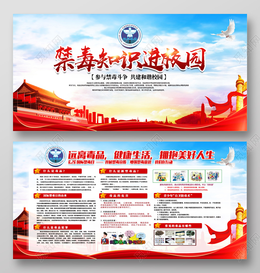 红色禁毒知识进校园远离毒品健康生活禁毒展板党建党政党课海报
