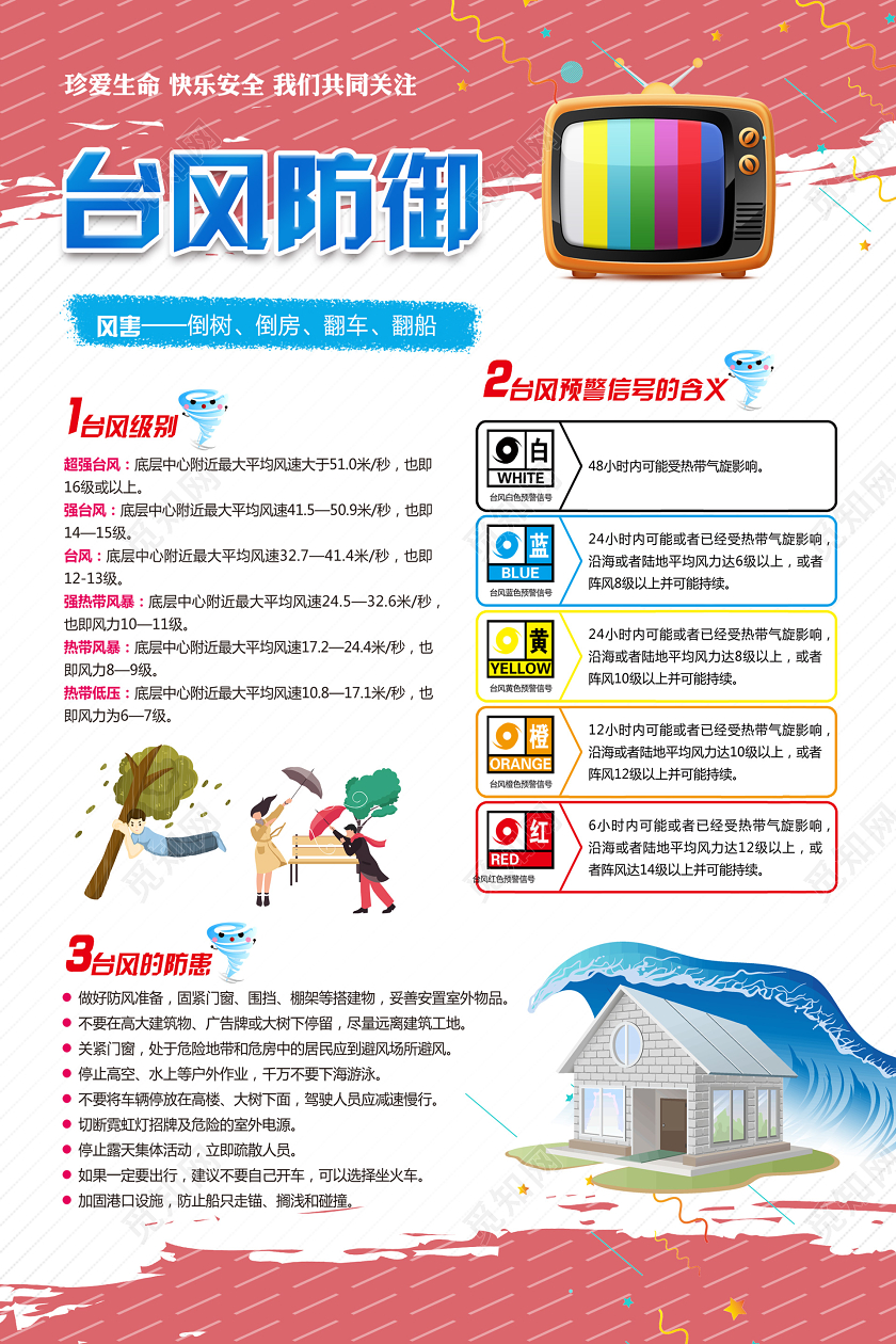 浅色卡通台风防御海报台风天气