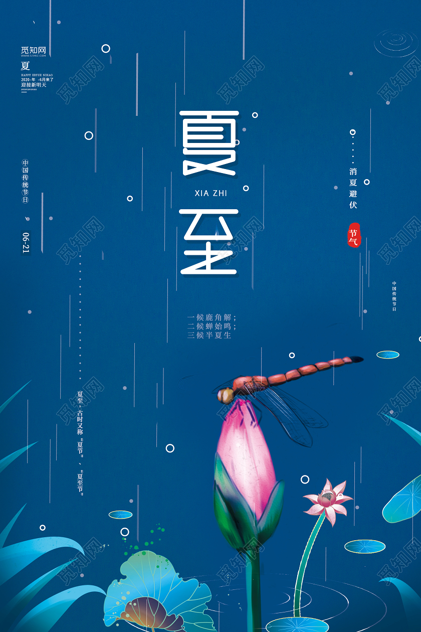 蓝色简约二十四节气夏至消暑避伏宣传海报