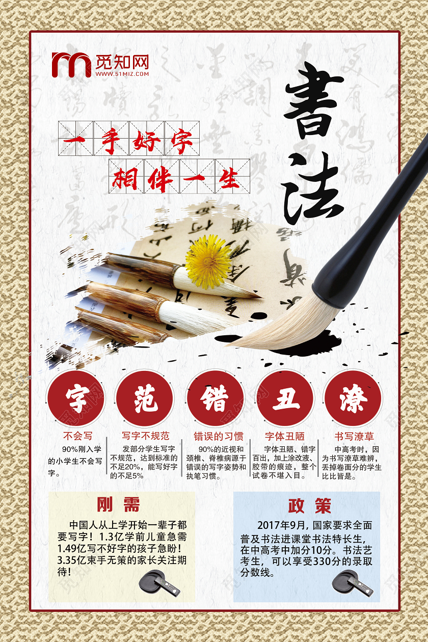 黄色古风书法硬笔书法培训海报