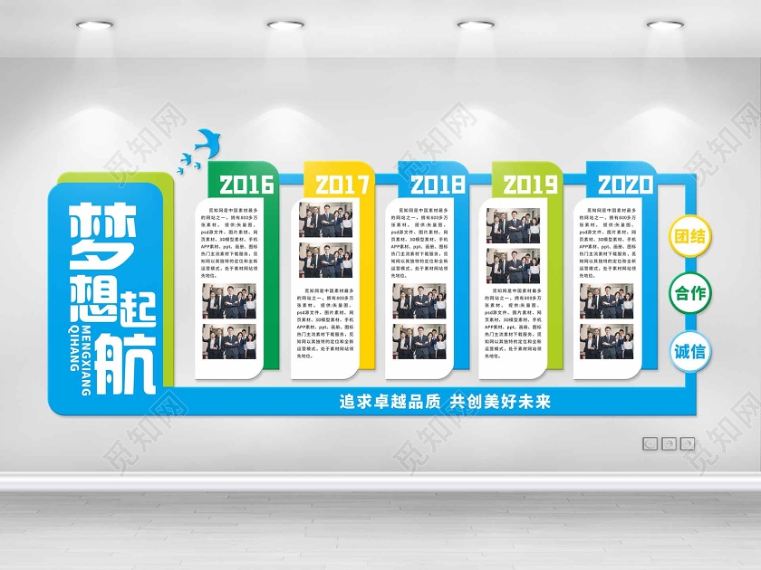 蓝色几何简约风梦想起航企业文化墙企业历程夜市