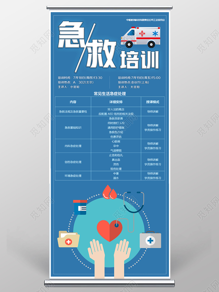 蓝色卡通急救培训急救培训班展架易拉宝