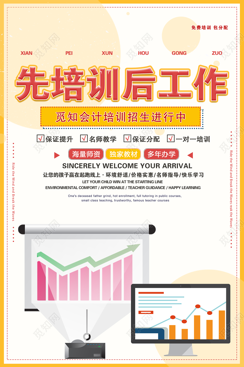 黄色大气先培训后工作会计培训宣传海报