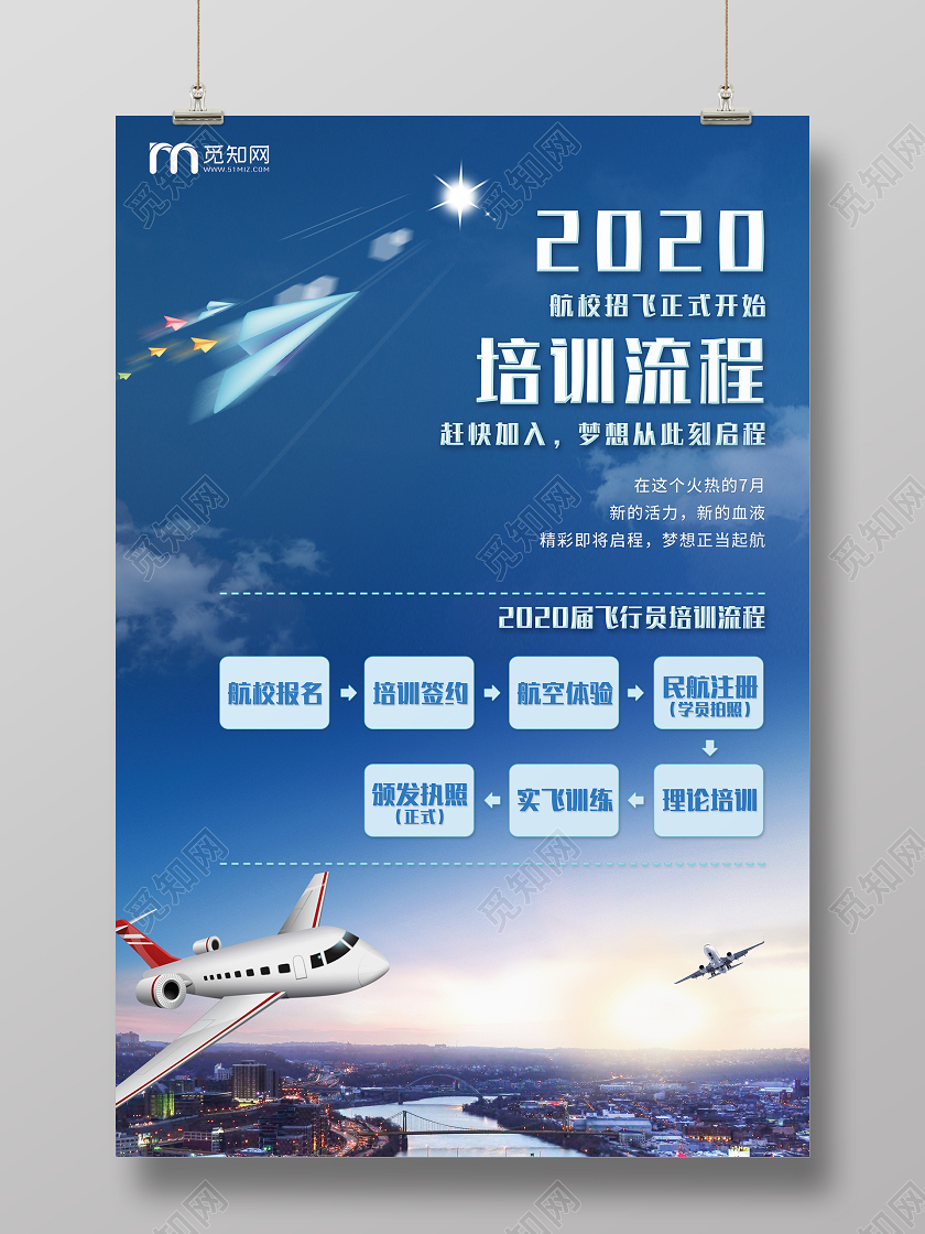 蓝色简约航空培训流程图教育数学培训班招生