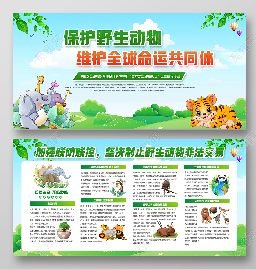 绿色卡通保护野生动物维护全球命运共同体保护动物公益展板