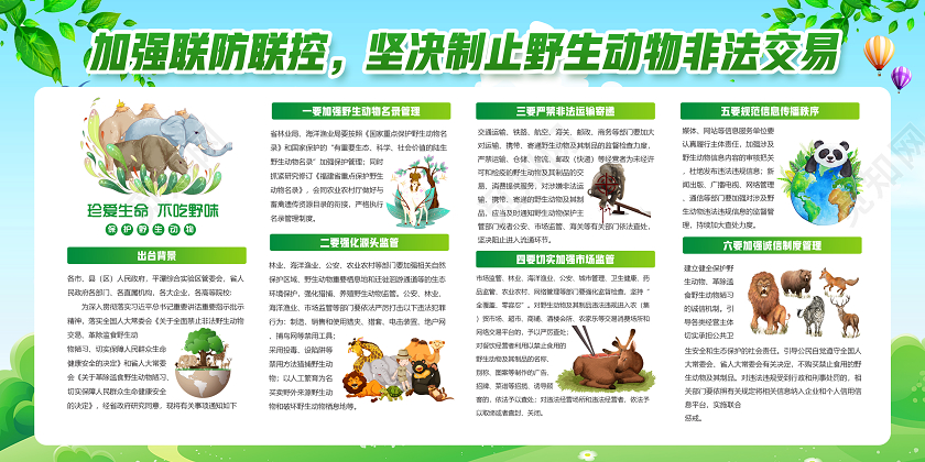 绿色卡通保护野生动物维护全球命运共同体保护动物公益展板