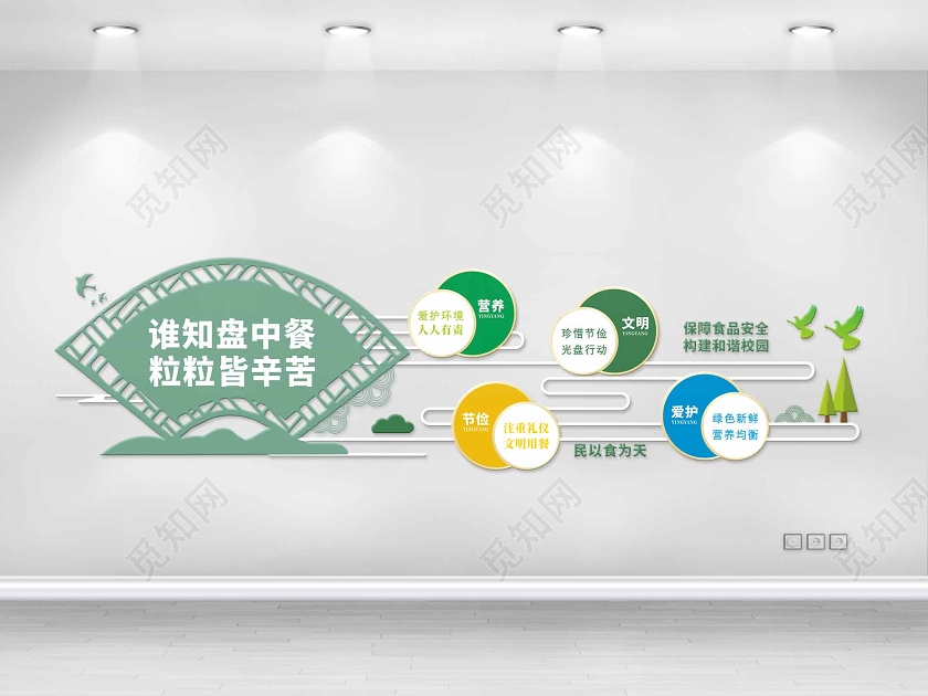 绿色几何简约风谁知盘中餐粒粒皆辛苦食堂文化墙