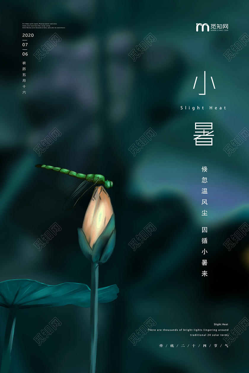 深色简约意境荷叶夏天小暑二十四节气宣传海报