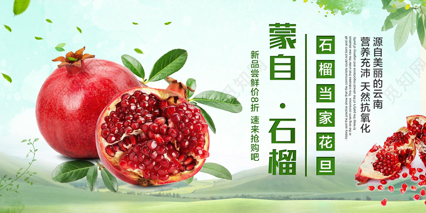 蓝色小清新蒙自石榴水果展板云南美食