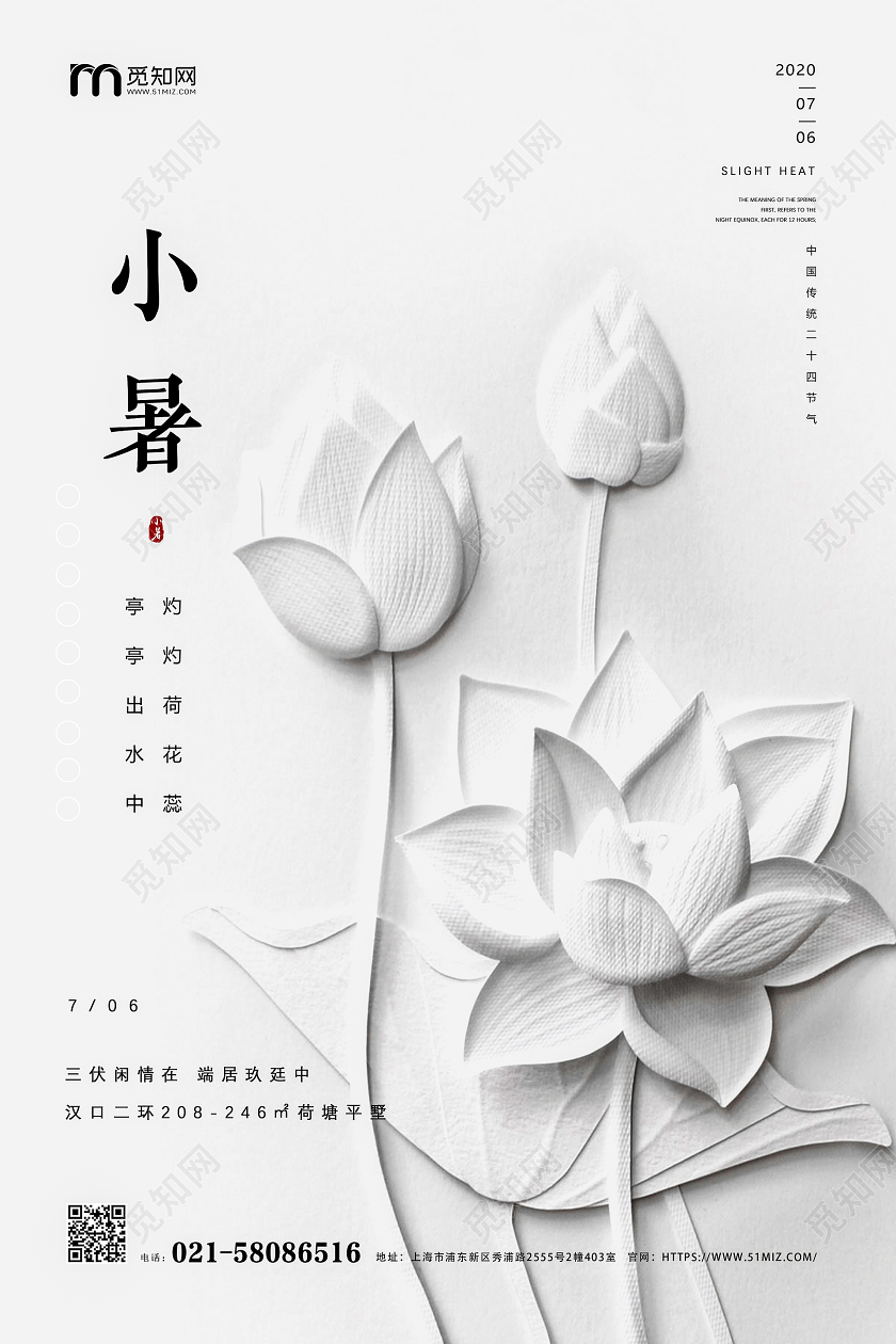 白色简约立体浮雕荷花荷叶夏天小暑传统二十四节气宣传海报