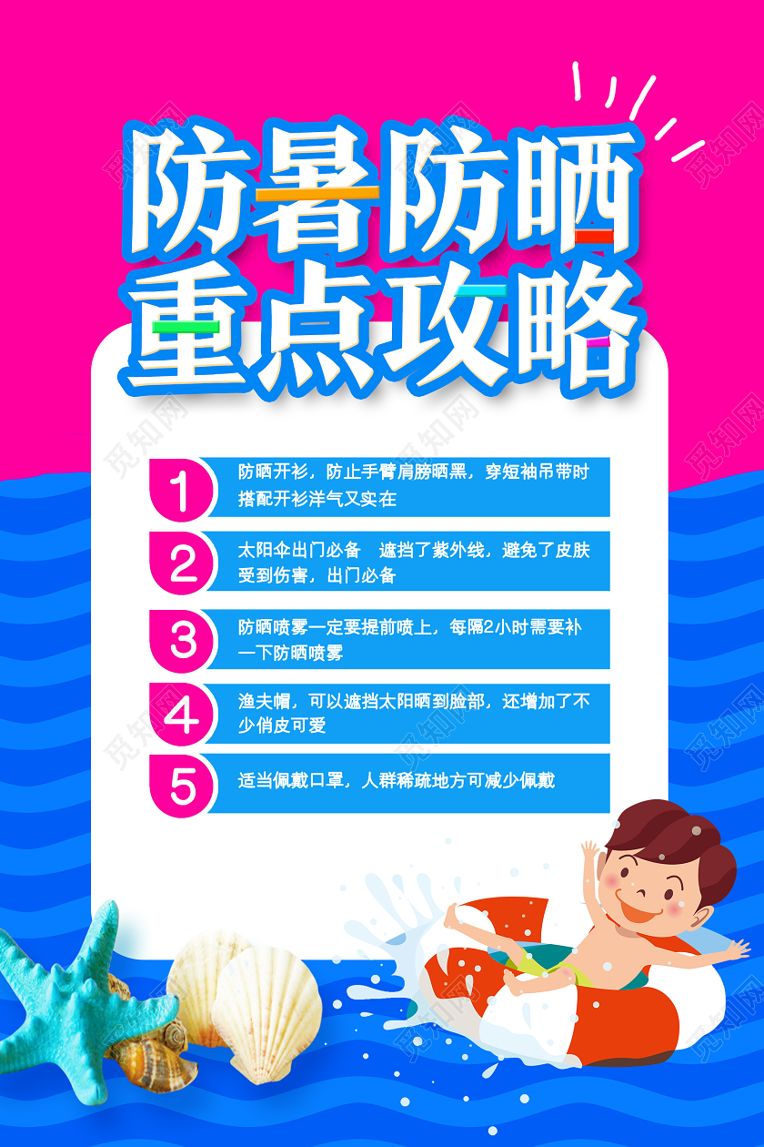蓝色卡通防暑防晒重点攻略夏季夏天预防中暑海报