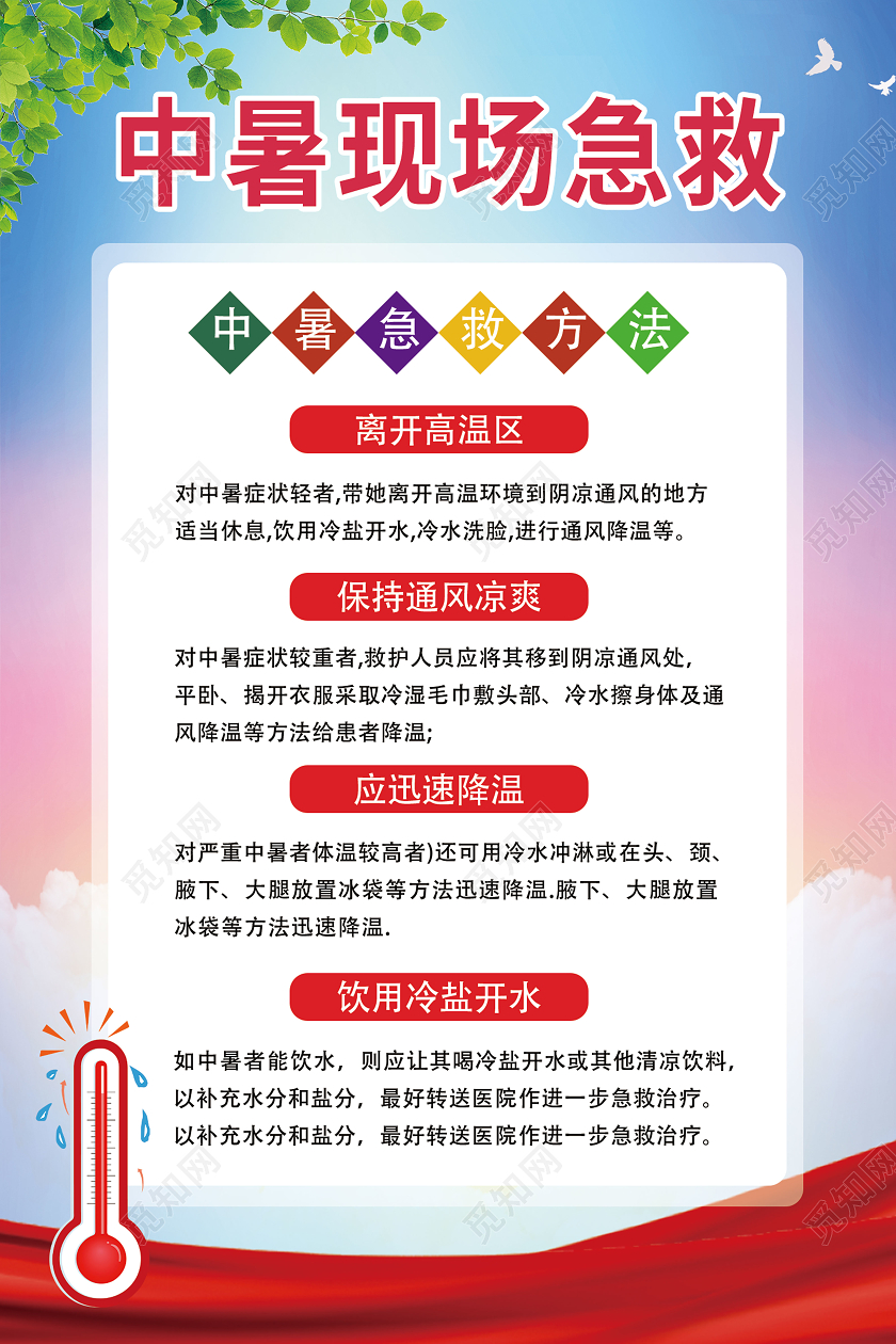 蓝色创意中暑现场急救知识宣传海报