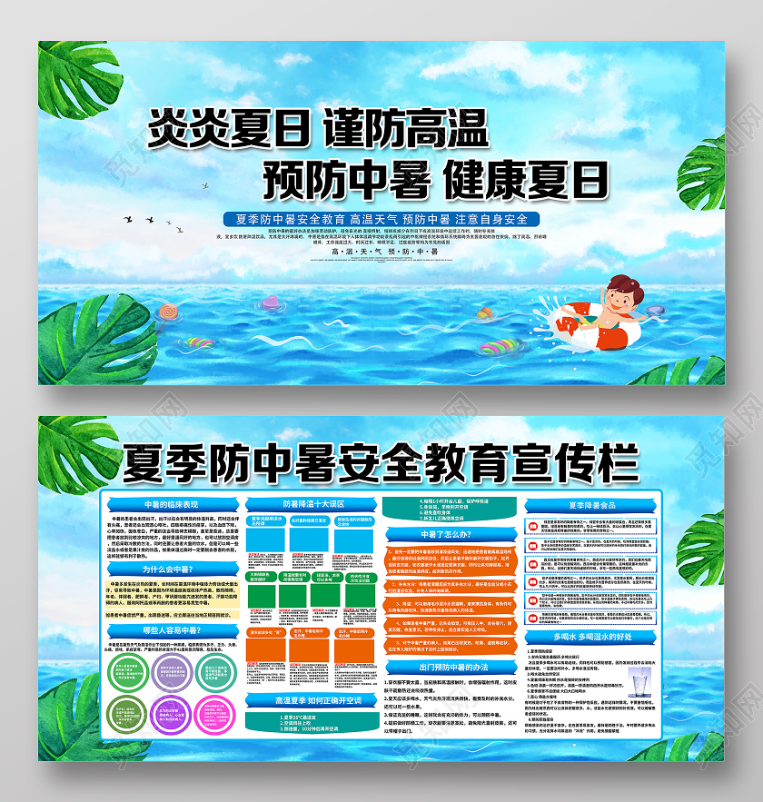 蓝色卡通炎炎夏日谨防中暑夏季夏天预防中暑展板