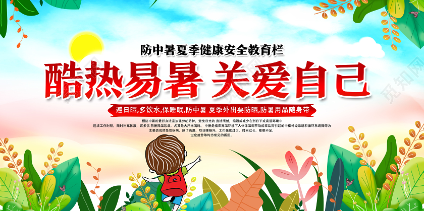 蓝色卡通高温预警预防中暑夏季夏天预防中暑展板