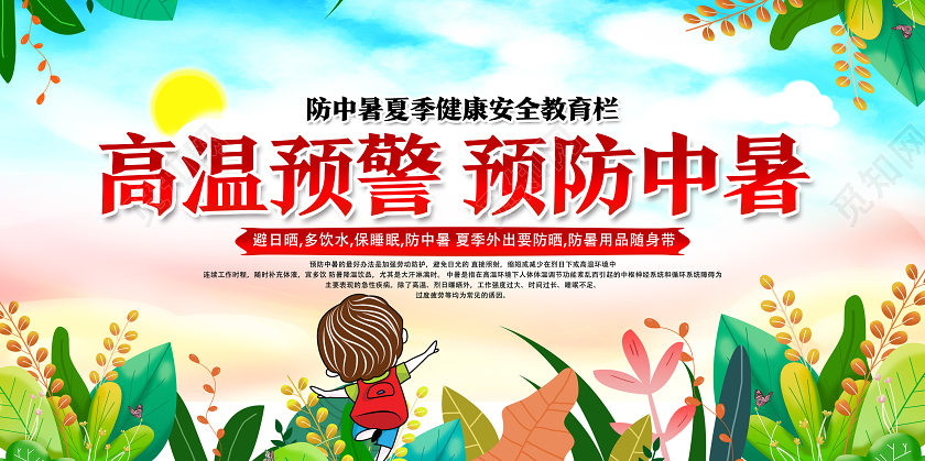 蓝色卡通高温预警预防中暑夏季夏天预防中暑展板