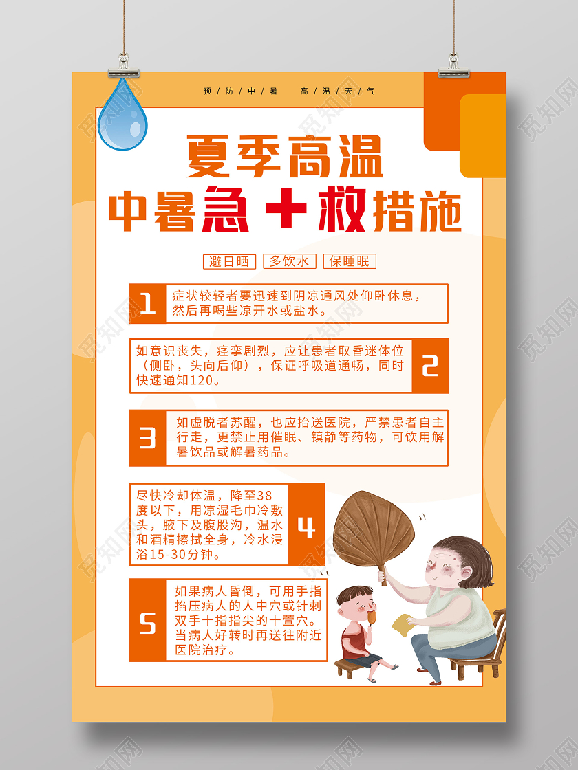 黄色卡通夏季高温中暑急救措施海报