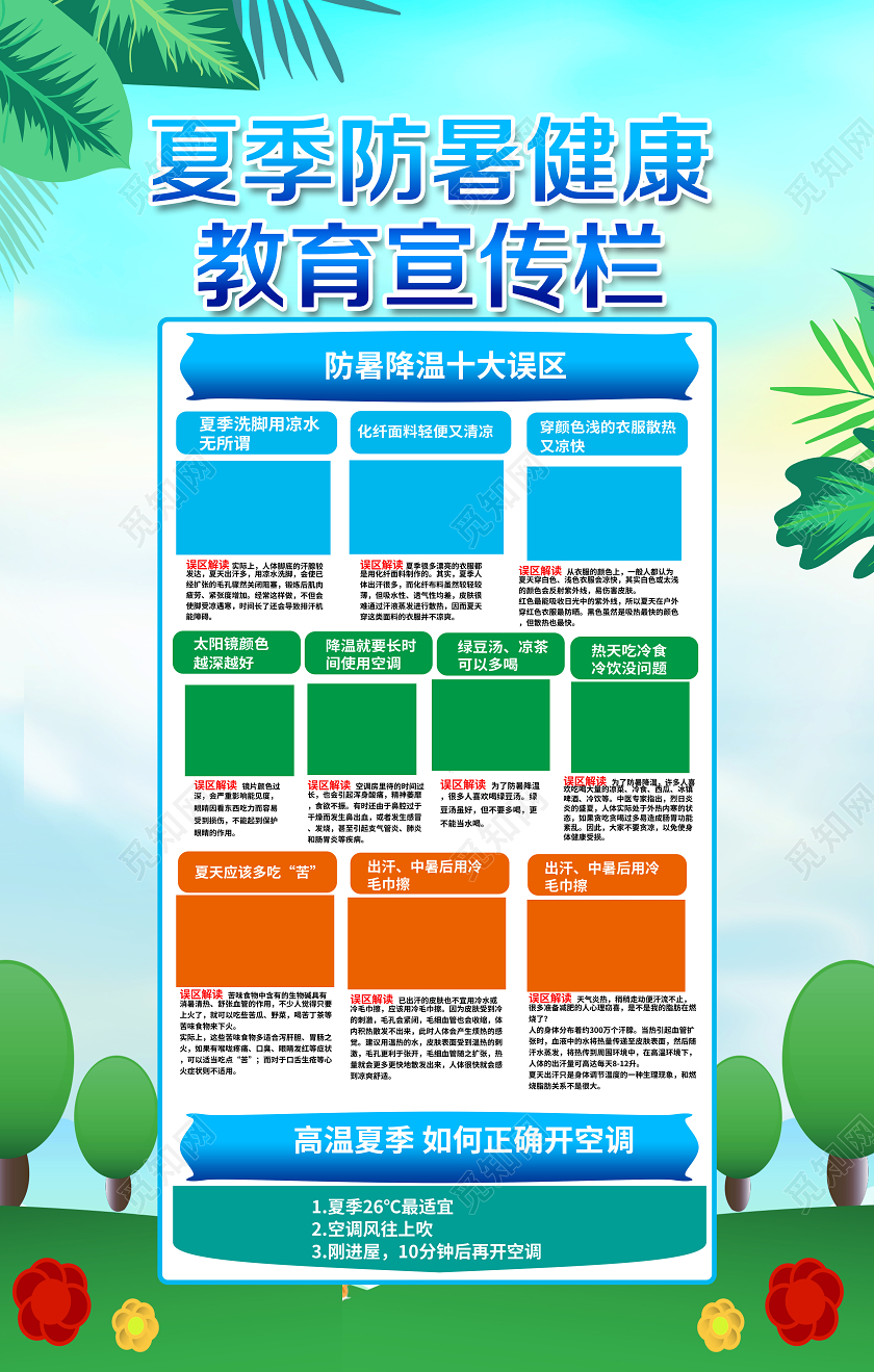 蓝色卡通夏季防暑健康教育宣传栏夏季夏天预防中暑海报