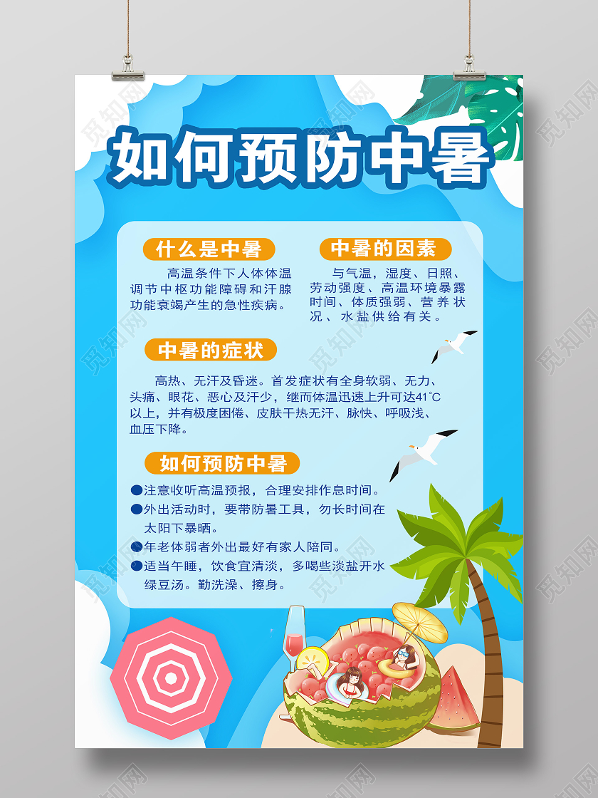 蓝色卡通如何预防中暑夏季夏天预防中暑海报