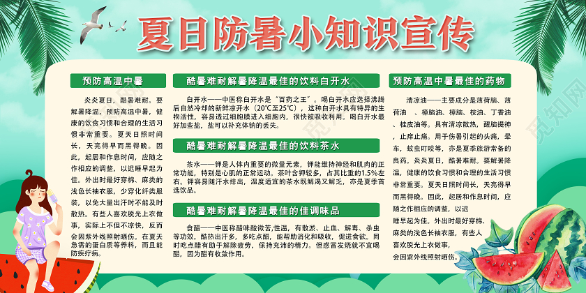 绿色卡通夏日防暑小知识宣传预防中暑防暑知识宣传栏展板