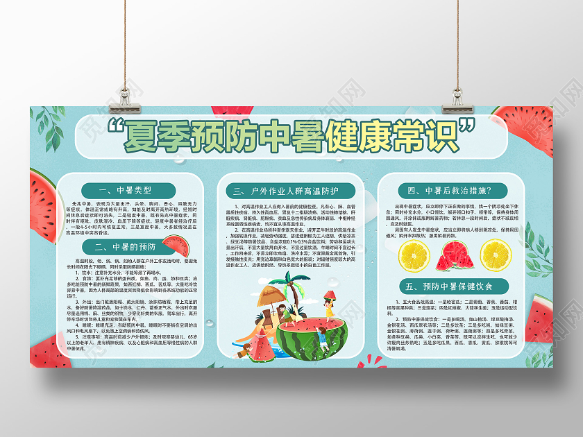 卡通蓝色西瓜夏季预防中暑健康小孩展板宣传中暑急救宣传栏知识常中暑急救宣传栏知识常识