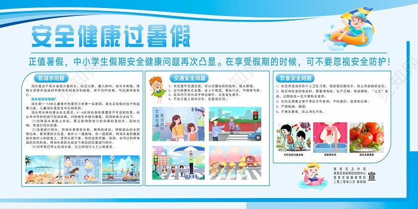 蓝色渐变卡通风安全健康过暑假暑假安全展板