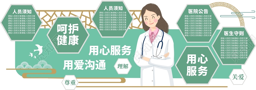 用心服务用爱沟通蓝色创意大气宣传医院文化墙