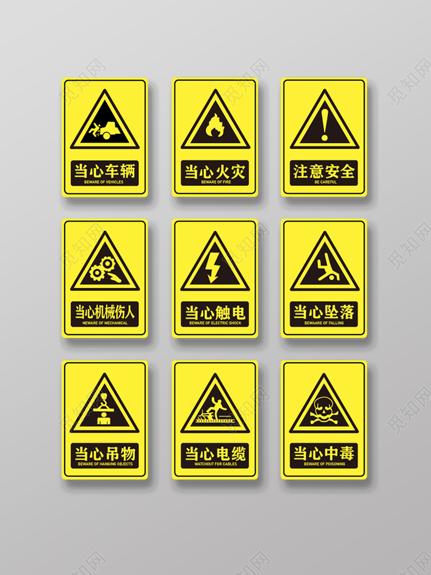 黄色注意安全提示安全标志工地标识牌