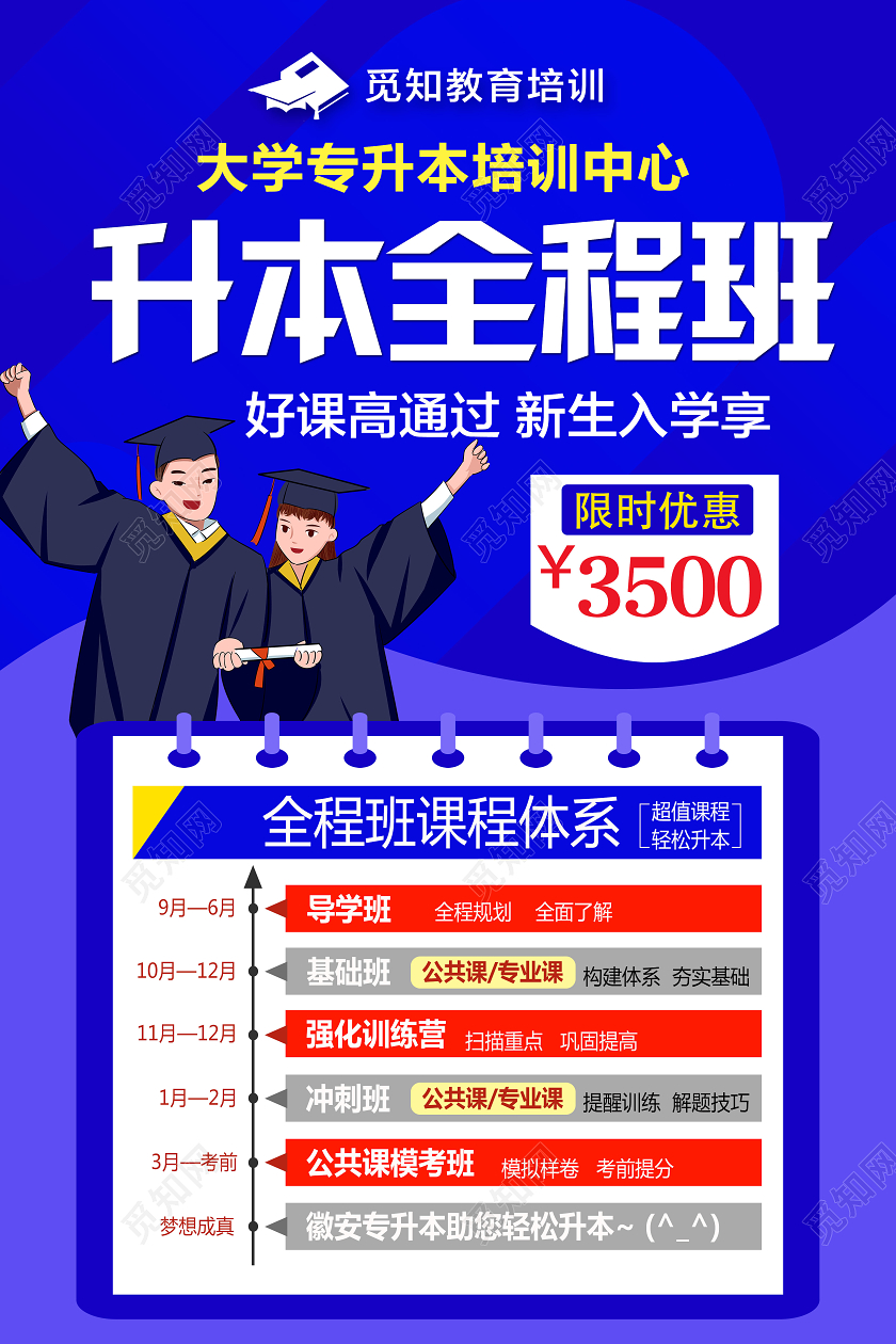蓝色卡通升本全程班教育培训机构招生海报