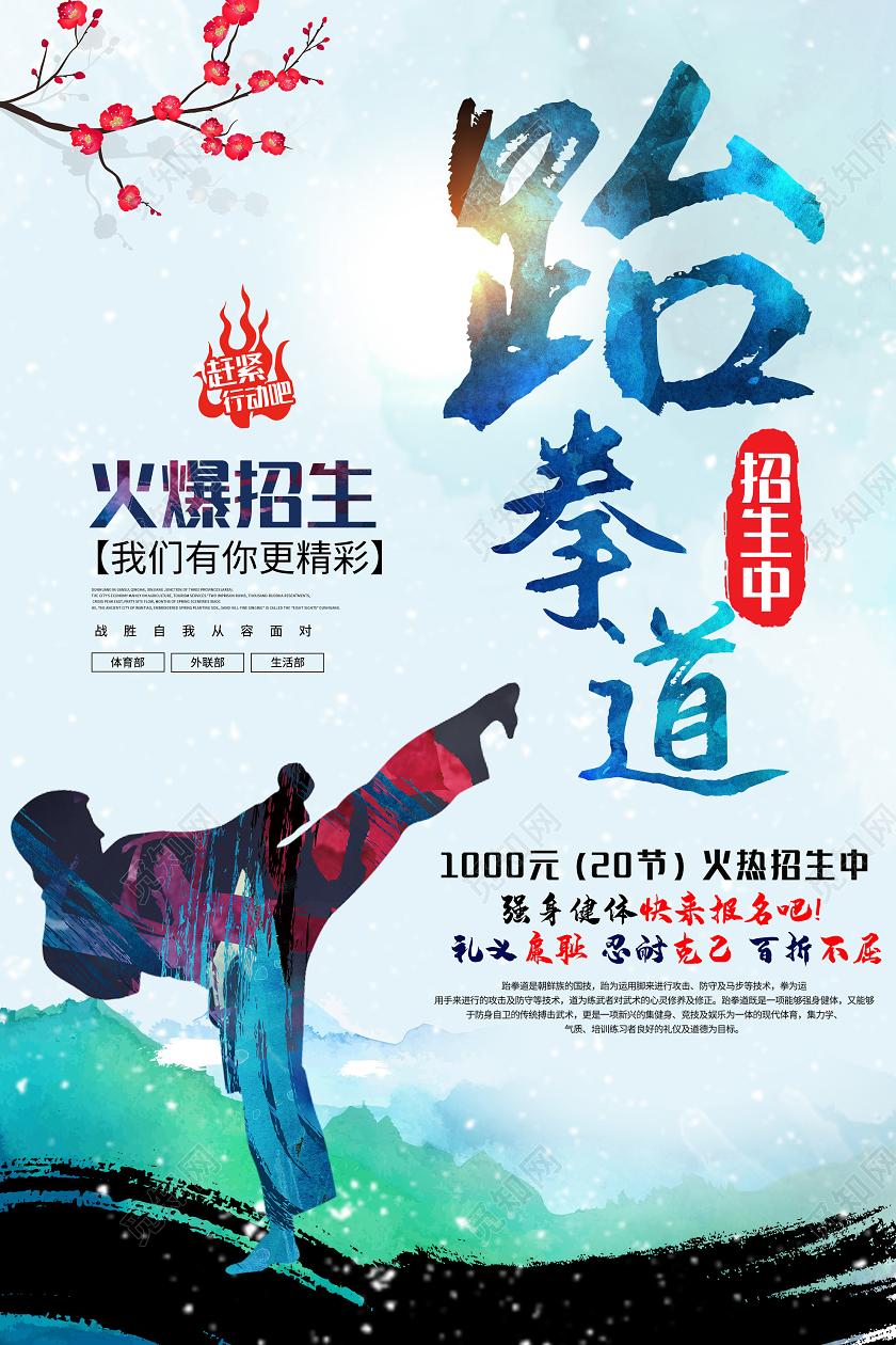 蓝色水墨跆拳道火爆招生活动海报跆拳道招生跆拳道招生宣传单