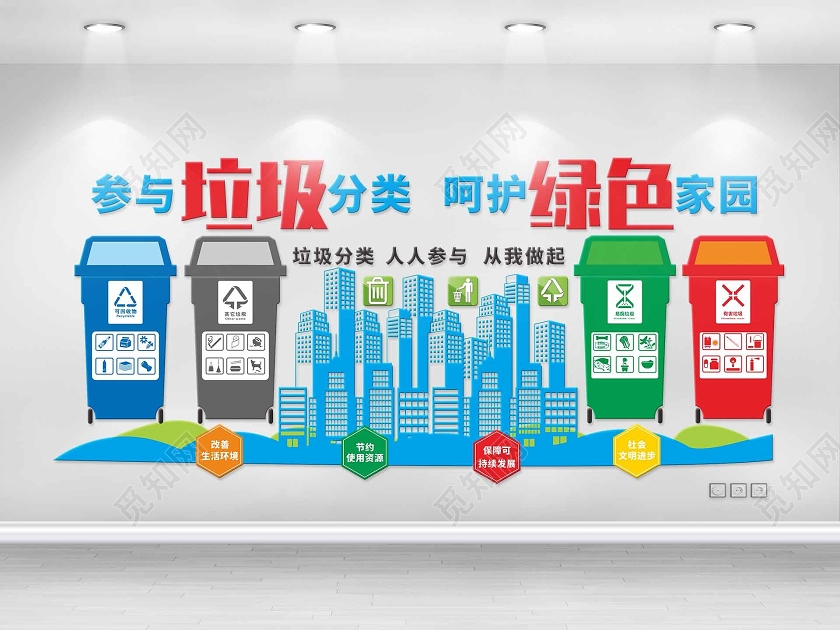 蓝绿几何简约风参与垃圾分类呵护绿色家园垃圾分类文化墙