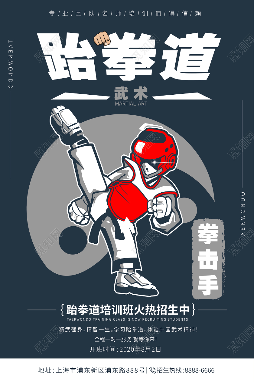 简约武术风暑假班跆拳道招生培训班促销海报