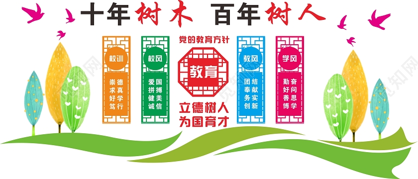 彩色清新风十年树木百年树人教师办公室文化墙海报