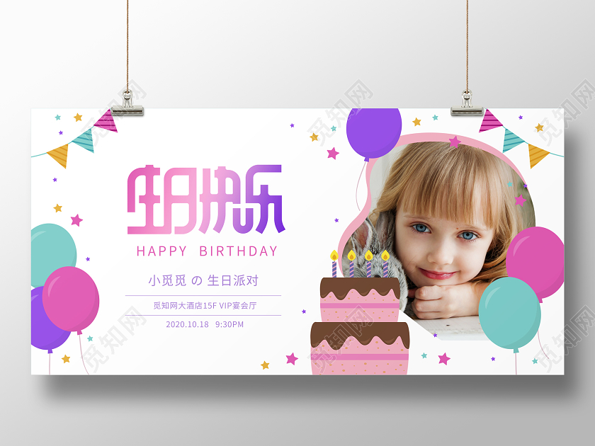 卡通可爱生日快乐派对生日会展板