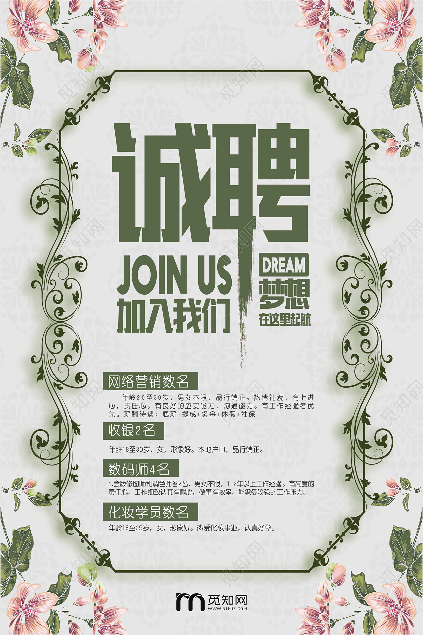 绿色小清新诚聘婚纱摄影招聘摄影招聘海报