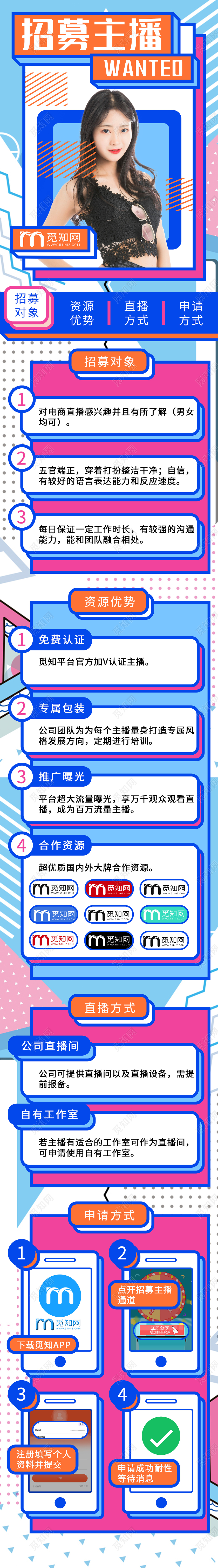 蓝色孟菲斯招募主播手机长图主播招聘招募H5