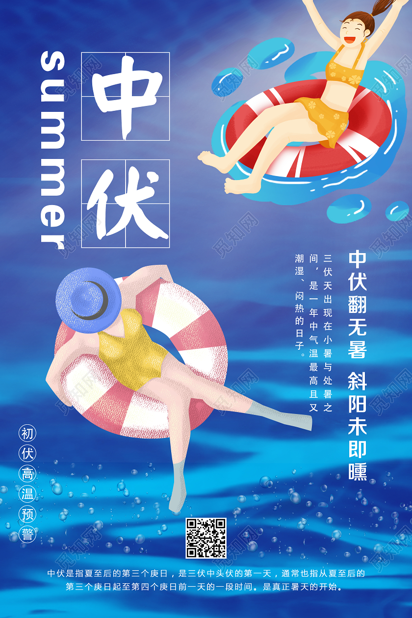 简单大气卡通蓝色酷暑三伏天中伏游泳避暑宣传海报