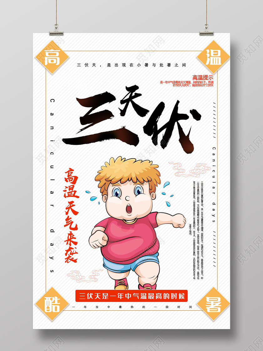 白色卡通高温酷暑高温天气来袭高温提示三伏天海报