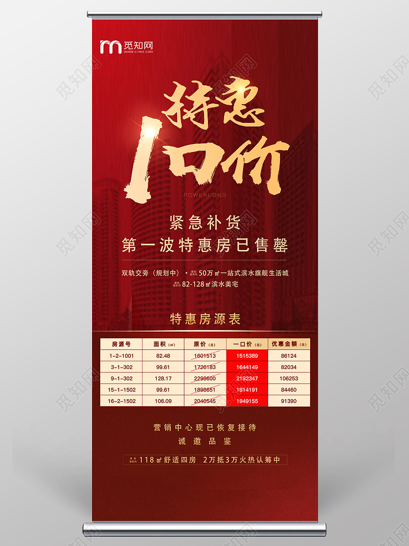 红色喜庆特惠一口价特价房展架易拉宝