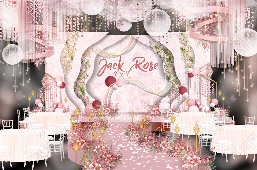 梦幻浪漫粉色婚礼舞台迎宾设计婚礼效果图