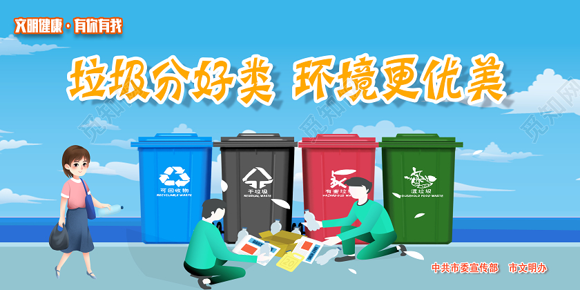 蓝色卡通垃圾分好类环境更优美文明健康有你有我展板