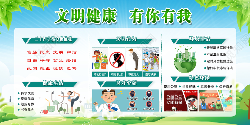 绿色简约文明健康有你有我展板