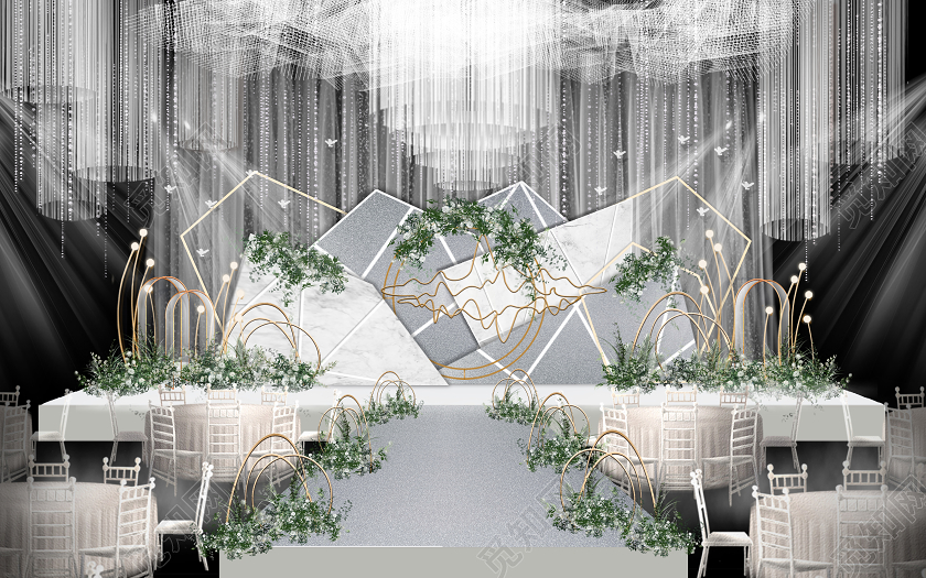 52度高级灰冷淡风婚礼迎宾舞台设计婚礼效果图