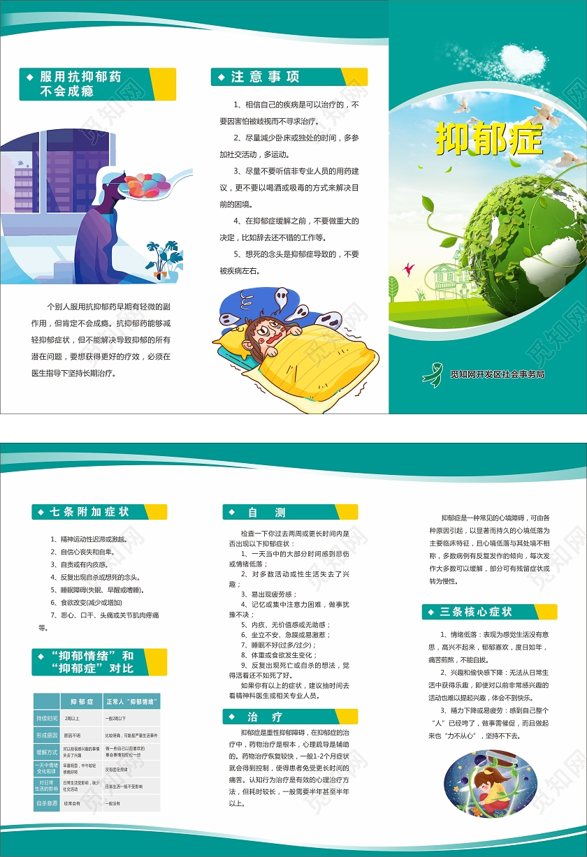 绿色创意卡通风抑郁症三折页抑郁症海报