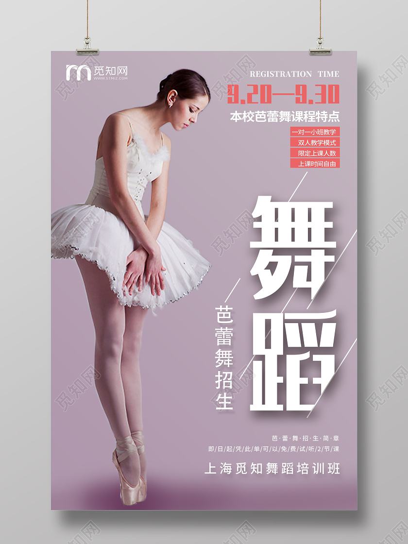 紫色简约芭蕾舞蹈招生培训班海报芭蕾舞招生